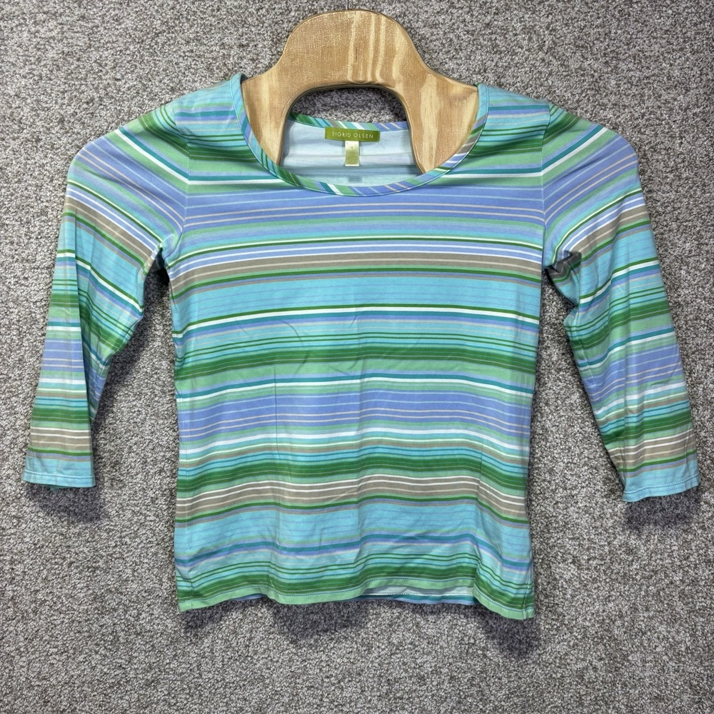 Sigrid Olsen Shirt Womens Medium Blue Green Stripe Scoop Neck 3/4 Sleeve Top